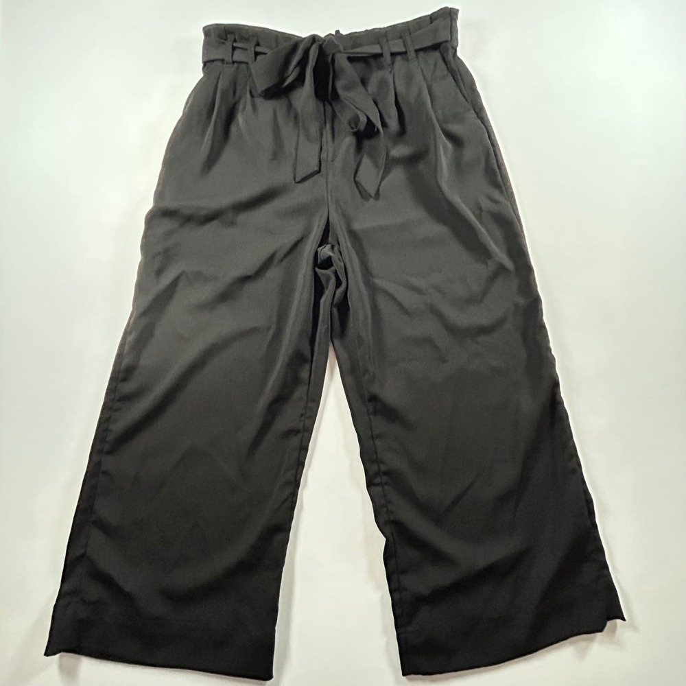 POPSUGAR Womens Wide Leg Culotte Pants L Black Paperbag Waist Tie Belt